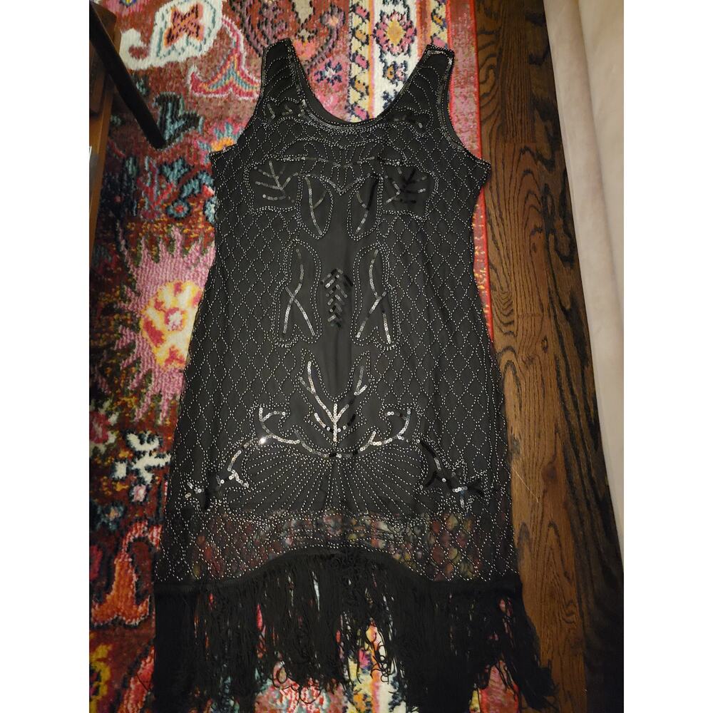 Unique Vintage Black Sequin Fringe Flapper Dress XL Gatsby 1920s Style